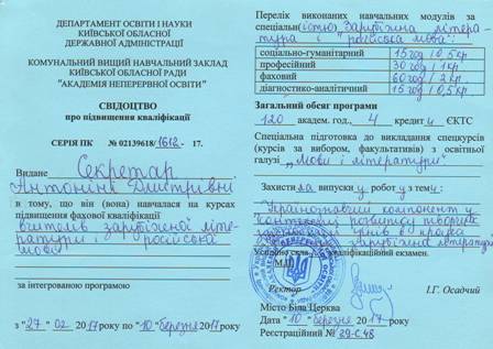2017 р. - Комунальний вищий навчальний заклад Київської обласної ради "Академія неперервної освіти", курси підвищення фахової кваліфікації вчителів зарубіжної літератури і російської мови, спеціальна підготовка до викладення спецкурсів з освітньої галузі "Мова і література", захистила випускну роботу з теми: "Українознавчий компонент у контексті розвитку творчих здібностей учнів в процесі вивчення зарубіжної літератури"